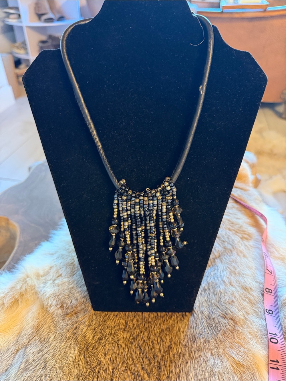 Black Beaded Fringe Pendant Necklace